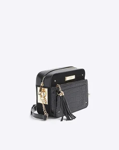 River Island croc embossed chain cross body bag Black New