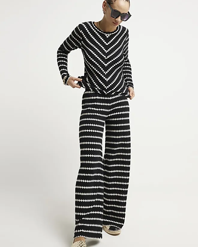 River Island crochet stripe long sleeve top Black Sale