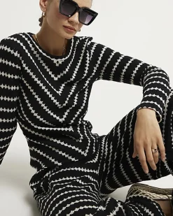 River Island crochet stripe long sleeve top Black Sale