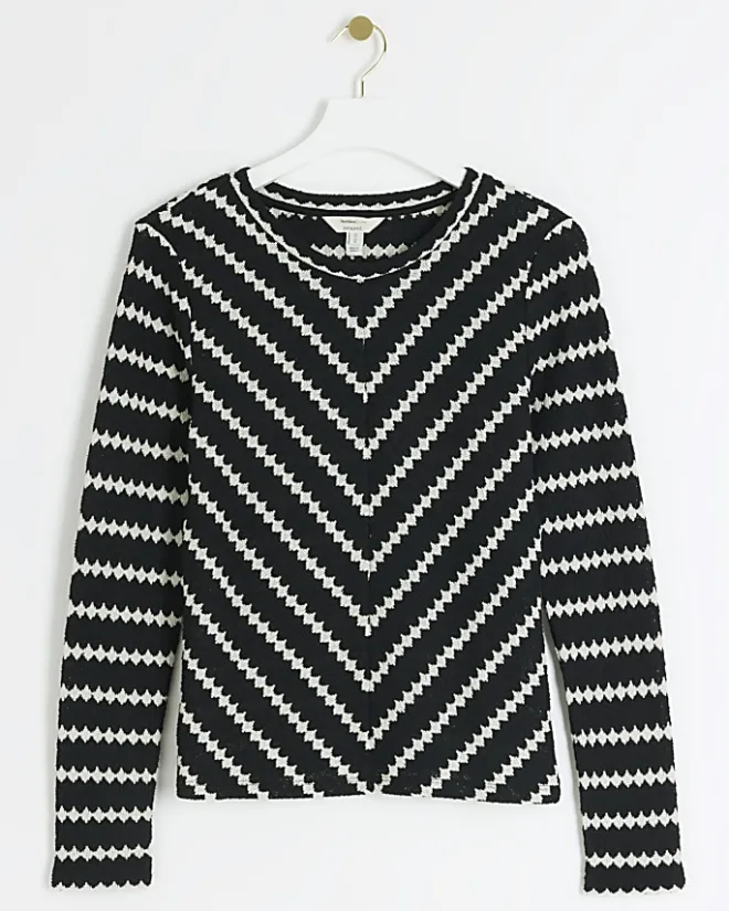 River Island crochet stripe long sleeve top Black Sale
