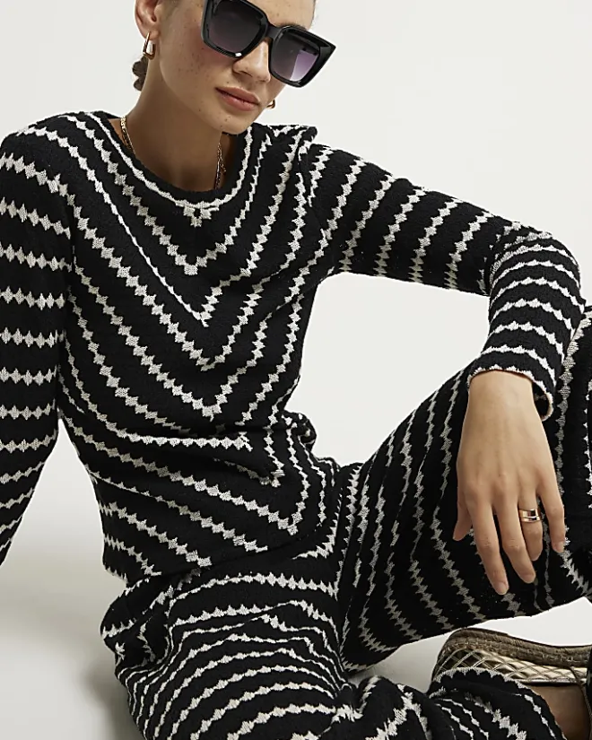 River Island crochet stripe long sleeve top Black Sale