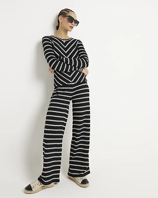 River Island crochet stripe long sleeve top Black Sale