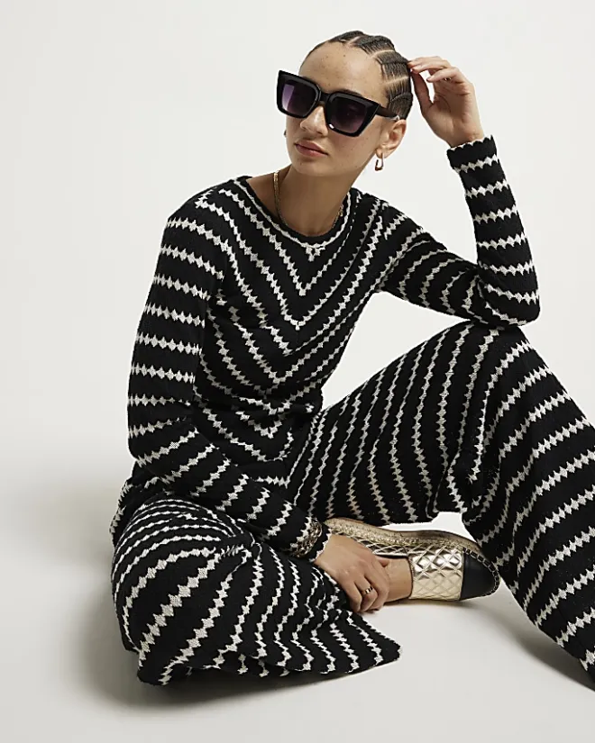 River Island crochet stripe wide leg trousers Black Online