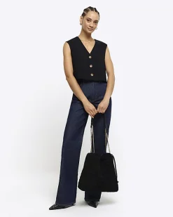 River Island Cropped Waistcoat Black Sale