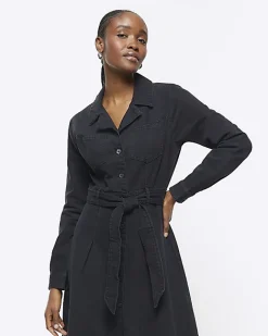 River Island denim belted midi shirt dress Black New