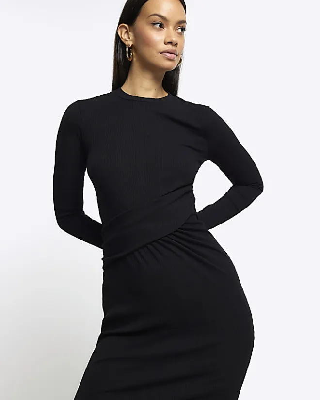 River Island drape front bodycon midi dress Black New