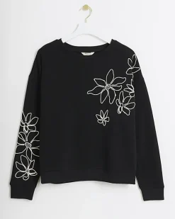River Island embroidered floral sweatshirt Black Clearance