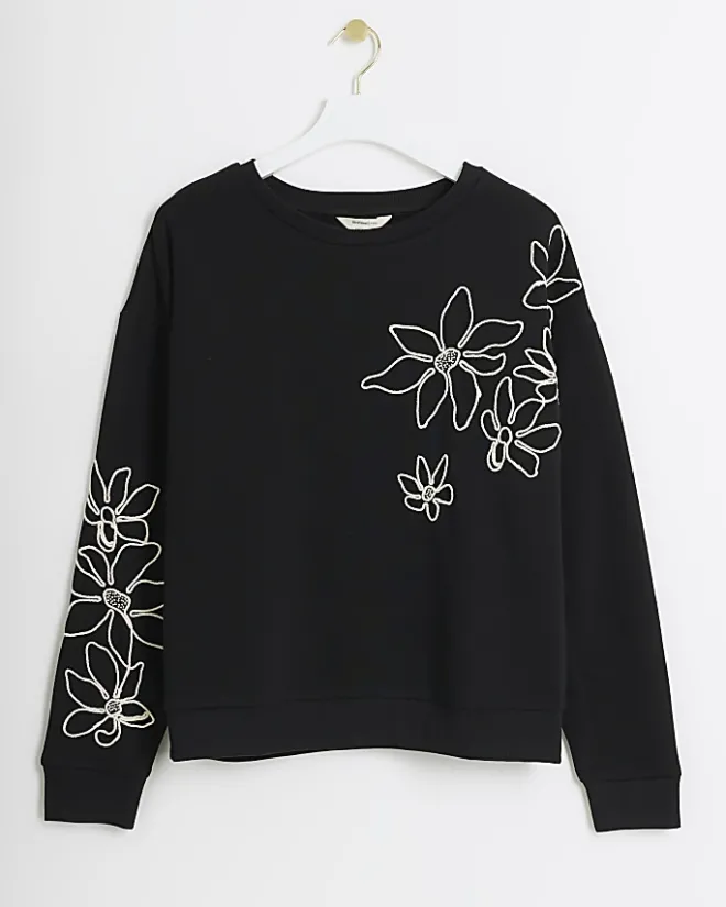 River Island embroidered floral sweatshirt Black Clearance