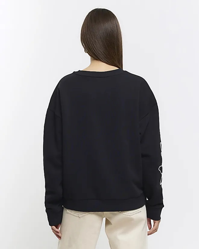River Island embroidered floral sweatshirt Black Clearance