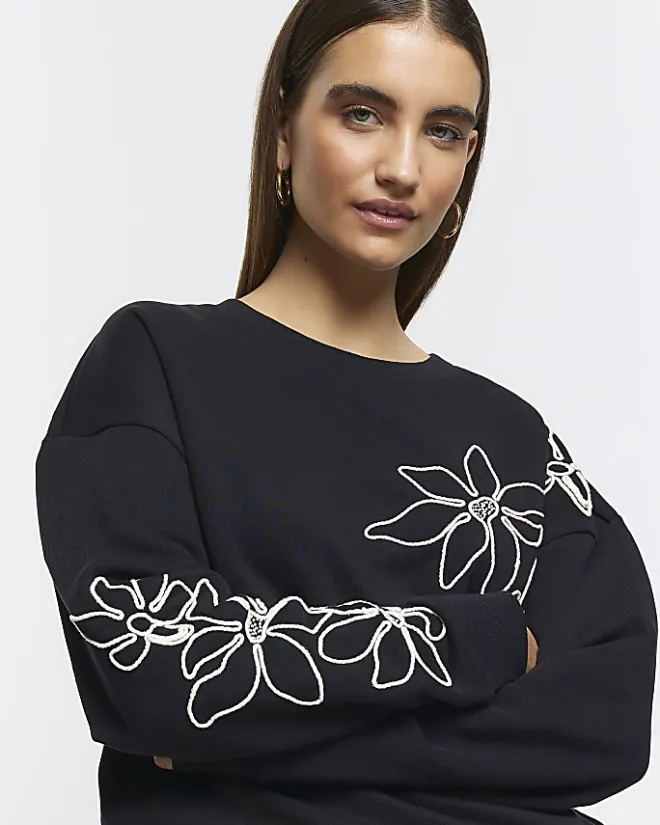 River Island embroidered floral sweatshirt Black Clearance