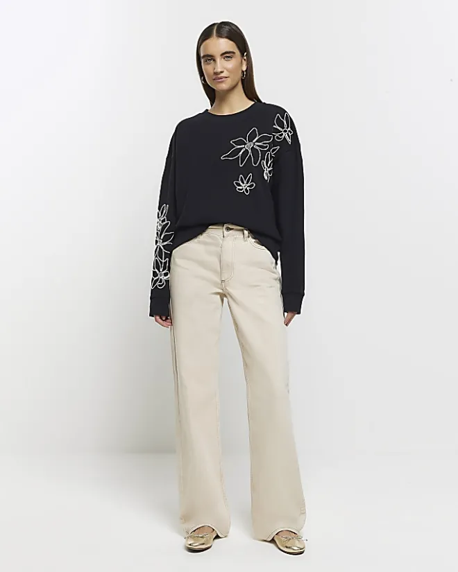 River Island embroidered floral sweatshirt Black Clearance