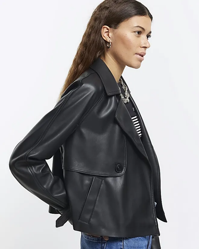 River Island faux leather crop trench coat Black Best
