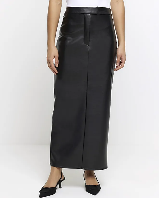 River Island faux leather tailored maxi skirt Black New