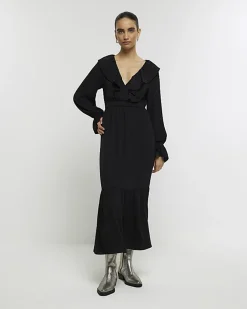River Island frill swing maxi dress Black Fashion