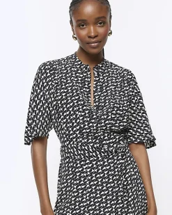 River Island geometric belted midi shirt dress Black Online