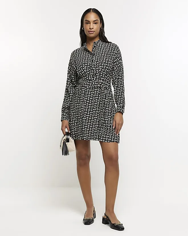 River Island geometric belted mini shirt dress Black Sale
