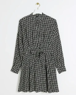 River Island geometric belted mini shirt dress Black Sale