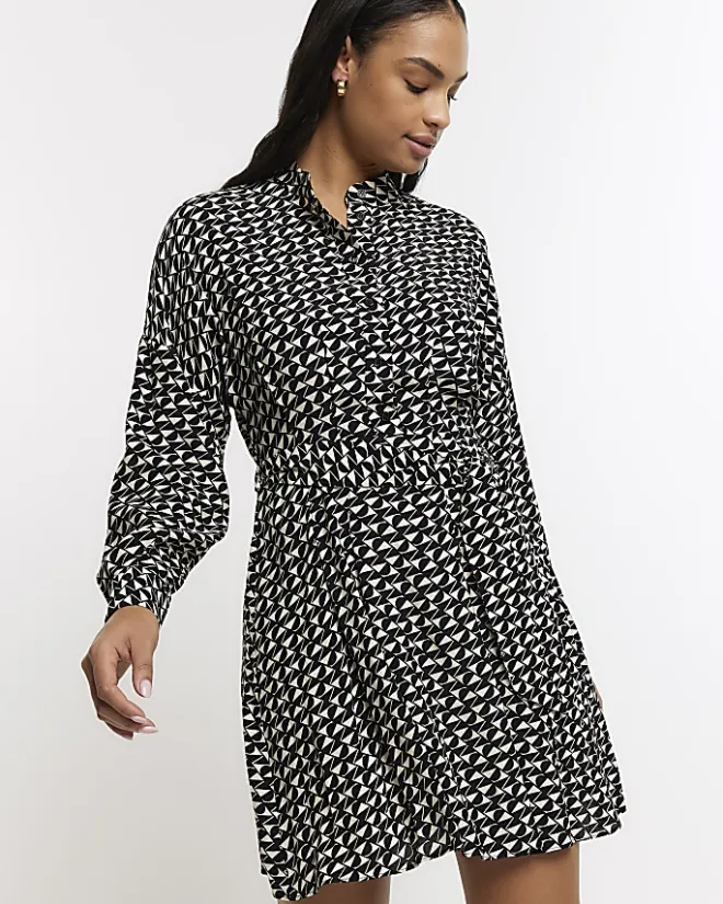 River Island geometric belted mini shirt dress Black Sale