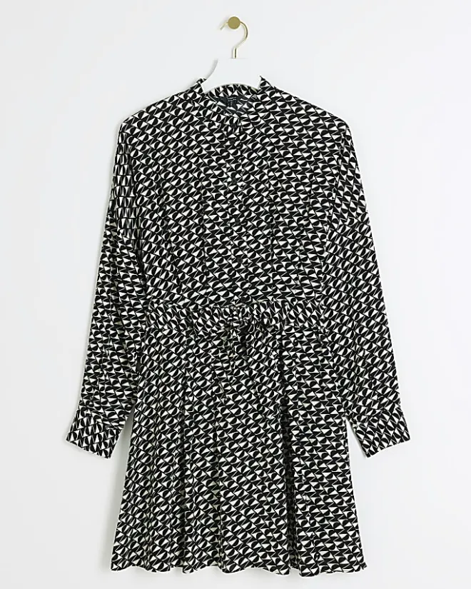 River Island geometric belted mini shirt dress Black Sale