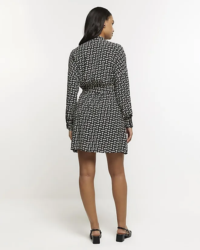 River Island geometric belted mini shirt dress Black Sale