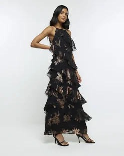 River Island glitter frill maxi dress Black Outlet