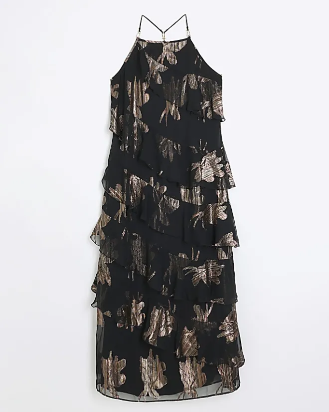 River Island glitter frill maxi dress Black Outlet