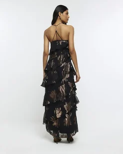 River Island glitter frill maxi dress Black Outlet