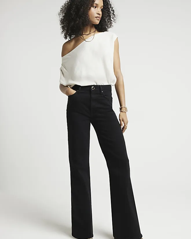 River Island High Rise Wide Leg Jeans Black Outlet