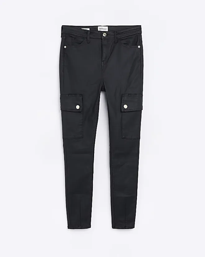 River Island high waisted coated cargo skinny jeans Black Discount