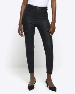 River Island high waisted coated cargo skinny jeans Black Discount