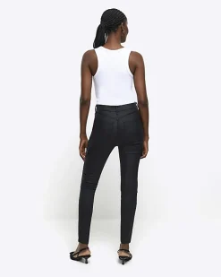 River Island high waisted coated cargo skinny jeans Black Discount
