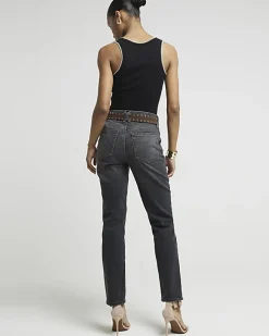 River Island high waisted stove pipe straight jeans Black Sale