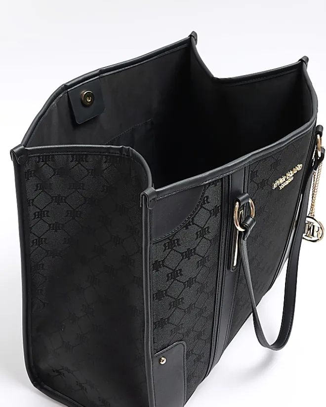 River Island jacquard RI monogram shopper bag Black New
