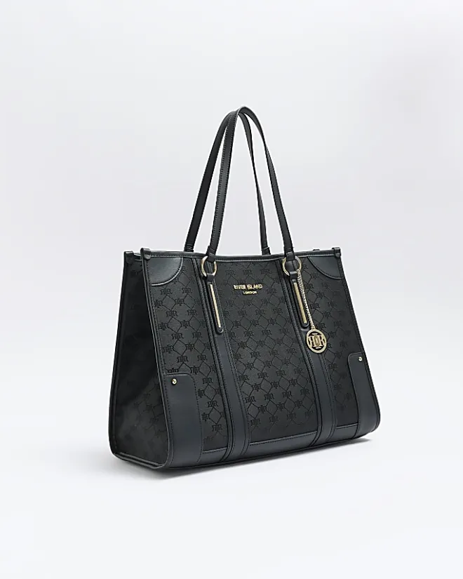 River Island jacquard RI monogram shopper bag Black New