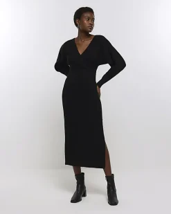 River Island knit wrap jumper midi dress Black Discount