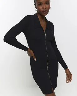 River Island knit zip bodycon mini dress Black Hot