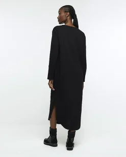 River Island knot long sleeve t-shirt midi dress Black Clearance