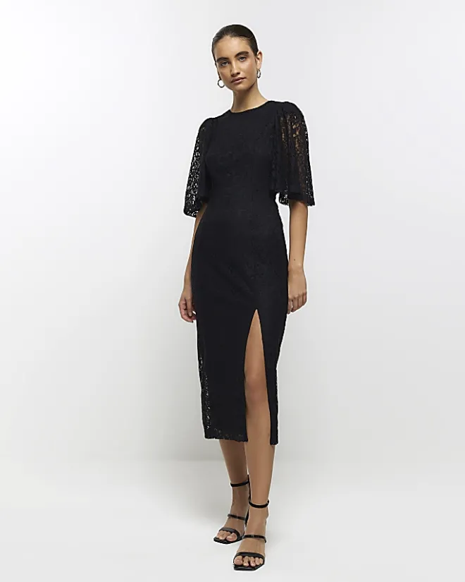 River Island lace split hem bodycon midi dress Black Sale