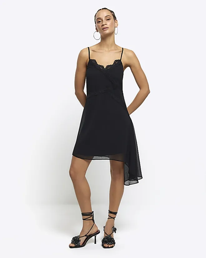 River Island lace trim asymmetric slip mini dress Black New