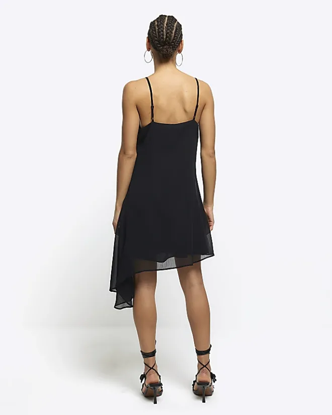 River Island lace trim asymmetric slip mini dress Black New