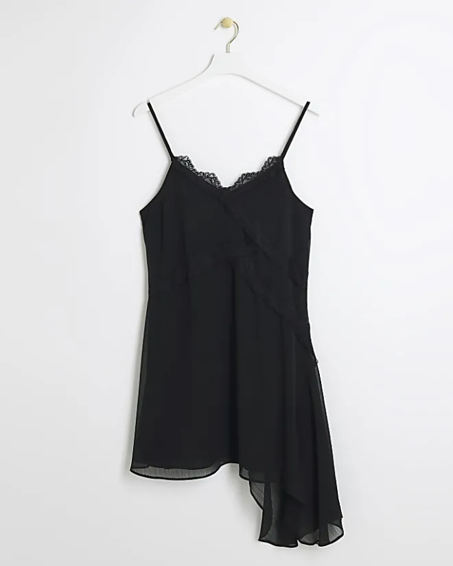 River Island lace trim asymmetric slip mini dress Black New
