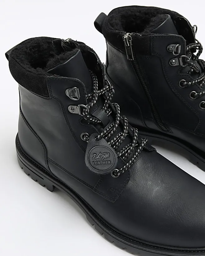 River Island leather padded collar boots Black Discount