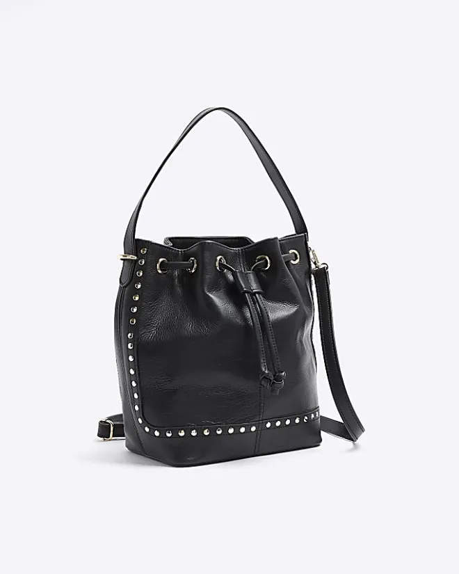 River Island leather studded cross body bag Black Clearance