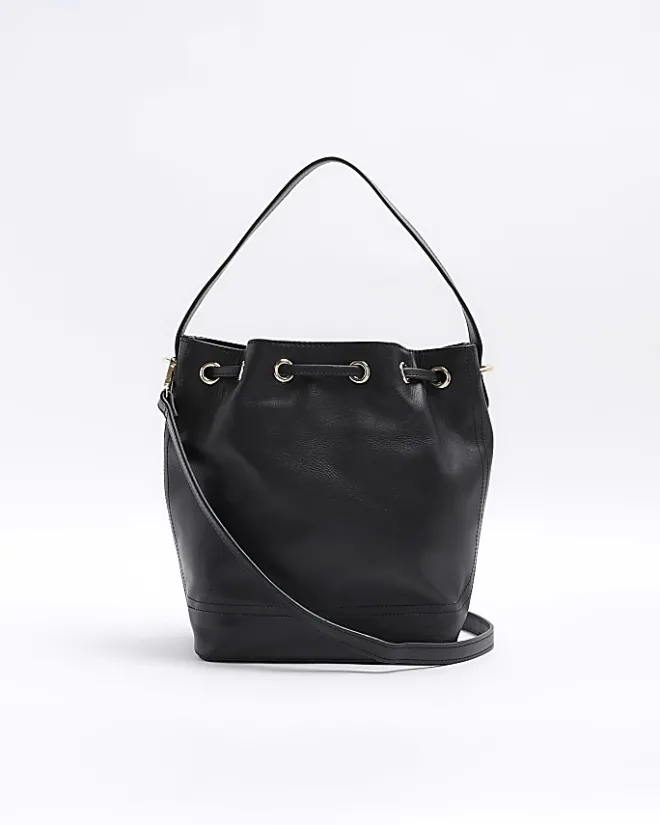 River Island leather studded cross body bag Black Clearance