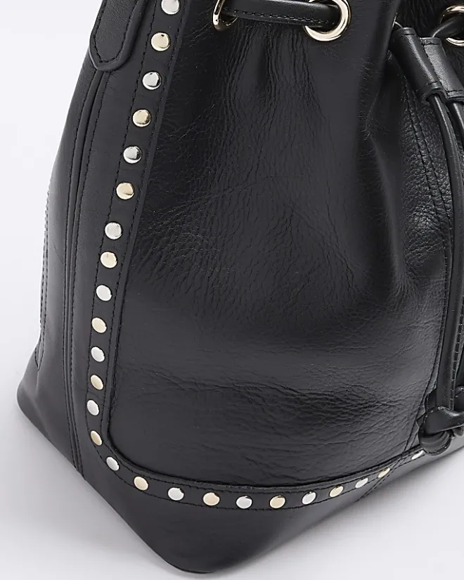 River Island leather studded cross body bag Black Clearance