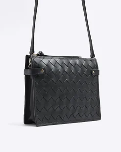 River Island leather weave cross body bag Black Outlet
