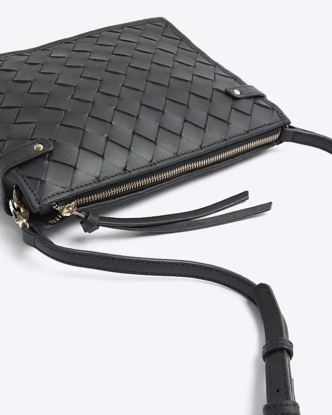 River Island leather weave cross body bag Black Outlet