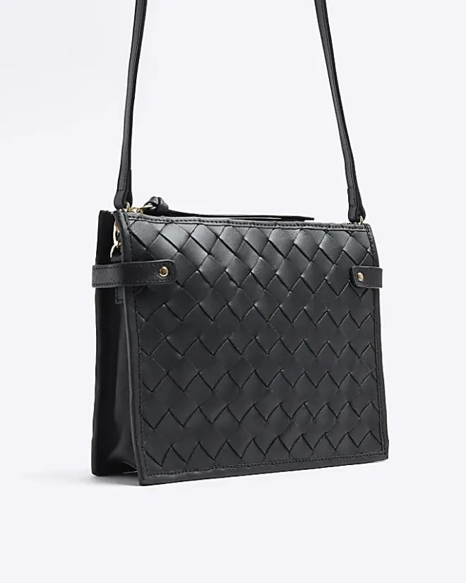 River Island leather weave cross body bag Black Outlet