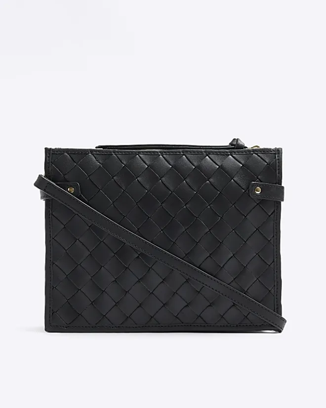 River Island leather weave cross body bag Black Outlet