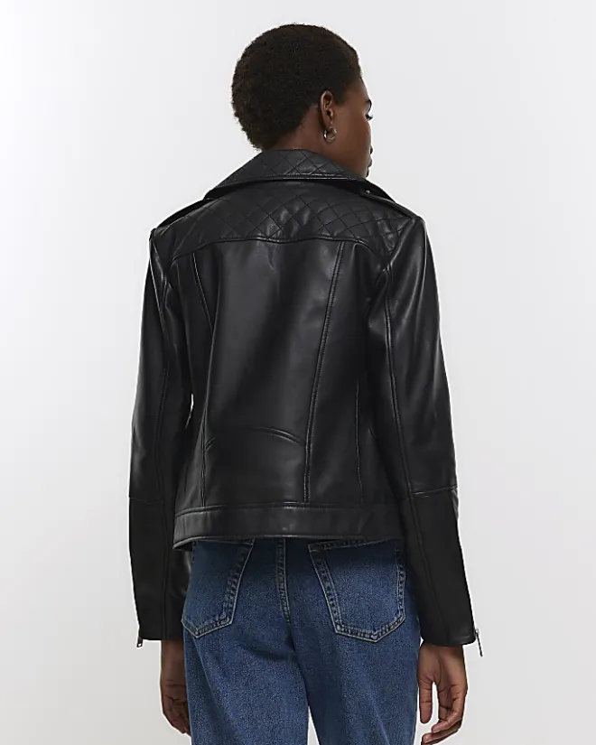 River Island leather zip up biker jacket Black Sale